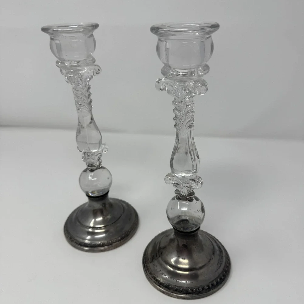 VTG Reed and Barton Weighted Sterling Silver 464 Glass Candlestick Holders Pair